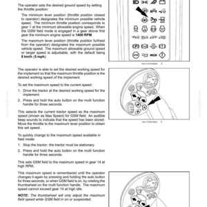 K&ouml;nnte beinhalten: Eine Seite aus einem technischen Handbuch mit dem Titel 4 - OPERATING INSTRUCTIONS, die die Verwendung des GSM-Feldes f&uuml;r Traktoranbauger&auml;te beschreibt. Sie enth&auml;lt Diagramme eines Bedienfelds mit Symbolen und einen Multifunktionsgriff.