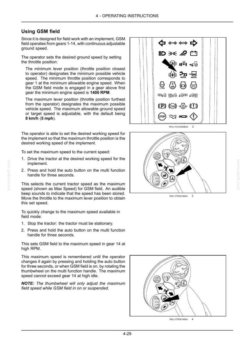 K&ouml;nnte beinhalten: Eine Seite aus einem technischen Handbuch mit dem Titel 4 - OPERATING INSTRUCTIONS, die die Verwendung des GSM-Feldes f&uuml;r Traktoranbauger&auml;te beschreibt. Sie enth&auml;lt Diagramme eines Bedienfelds mit Symbolen und einen Multifunktionsgriff.
