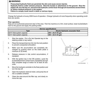 Puede incluir: Una p&aacute;gina de un manual de mantenimiento que detalla el servicio de aceite hidr&aacute;ulico y filtros. Incluye advertencias sobre fluidos a presi&oacute;n, especificaciones de servicio para el fluido de excavadora hidr&aacute;ulica Akcela e instrucciones.