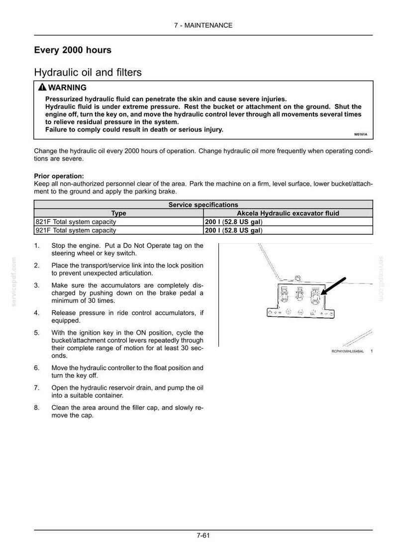 Puede incluir: Una p&aacute;gina de un manual de mantenimiento que detalla el servicio de aceite hidr&aacute;ulico y filtros. Incluye advertencias sobre fluidos a presi&oacute;n, especificaciones de servicio para el fluido de excavadora hidr&aacute;ulica Akcela e instrucciones.