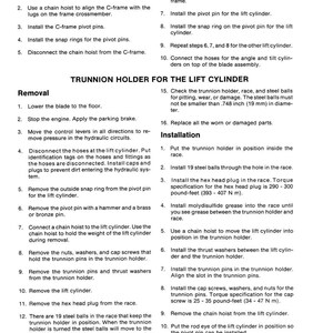 May include: Detailed instructions for installing a C-frame and blade, including diagrams and step-by-step procedures. The text covers aligning the C-frame, installing pivot pins, and connecting hoses. Also includes instructions for removing and installing the trunnion holder for the lift cylinder.