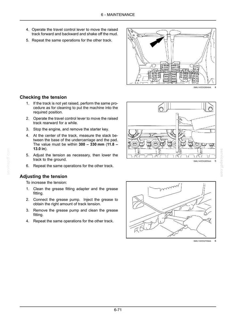 May include: Page from a maintenance manual with diagrams and instructions. Text includes steps for checking and adjusting track tension, with measurements in inches. The page is titled "6 - MAINTENANCE".
