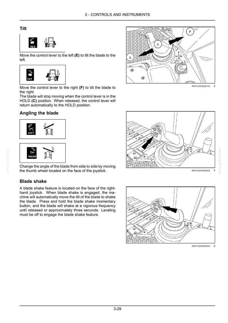 May include: Diagram of controls and instruments for a machine, including a joystick and control levers. Instructions detail tilting and angling the blade, and the blade shake feature.