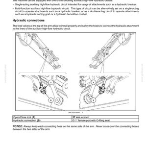 K&ouml;nnte beinhalten: Diagramm der hydraulischen Zusatzkreise, einschlie&szlig;lich eines Hydraulikanschlusses und eines &Ouml;ffnungs-/Schlie&szlig;werkzeugs. Das Bild enth&auml;lt Textbeschriftungen und eine Tabelle mit Spezifikationen f&uuml;r einen 27-mm-Schl&uuml;ssel und einen G 1"-Innengewindeanschluss mit O-Ring-Sitz.