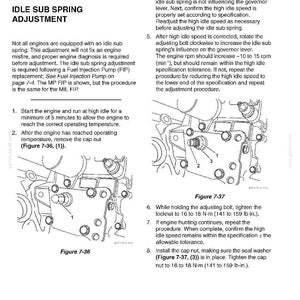 May include: A technical manual page titled Fuel System and Idle Sub Spring Adjustment. It contains numbered instructions, two line-art diagrams labeled Figure 7-36 and Figure 7-37 showing engine components, and bolt tightening specifications in N-m and lb-in.