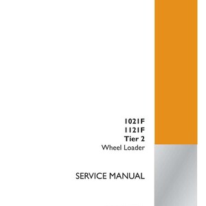 Op de afbeelding: Een witte servicemanual met oranje en grijze accenten. De tekst bevat "1021F, 1121F, Tier 2, Wheel Loader, SERVICE MANUAL." Het Case Construction-logo staat rechtsonder. Onderdeelnummer 47392461.