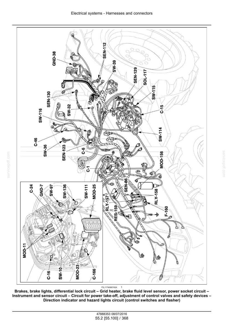 May include: Diagram of electrical systems, harnesses, and connectors. The image shows a detailed schematic with numerous wires, connectors, and labeled components. Text includes "Electrical systems - Harnesses and connectors" and a list of circuits.