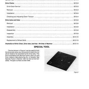 May include: A page from a manual with the title "TABLE OF CONTENTS". The page lists topics like "Special Tool", "Drive Chains", and "Drive Axles and Hubs". A black rectangular tool is shown in Figure 1.