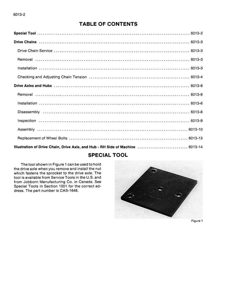 May include: A page from a manual with the title "TABLE OF CONTENTS". The page lists topics like "Special Tool", "Drive Chains", and "Drive Axles and Hubs". A black rectangular tool is shown in Figure 1.