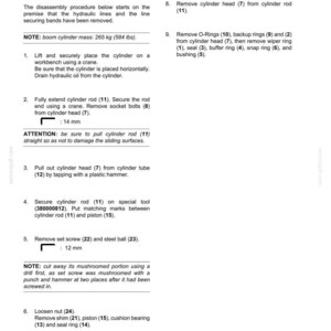 May include: A technical diagram detailing the disassembly of boom cylinders, including steps for removing and securing components. The document includes measurements in millimeters and mentions a cylinder mass of 265 kg (584 lbs).