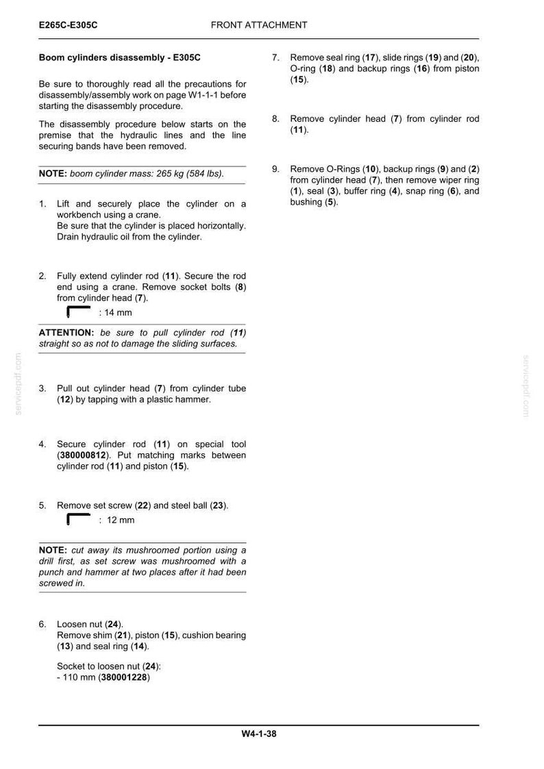 May include: A technical diagram detailing the disassembly of boom cylinders, including steps for removing and securing components. The document includes measurements in millimeters and mentions a cylinder mass of 265 kg (584 lbs).