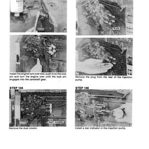 May include: A black and white technical diagram with instructions for engine repair. The image includes steps labeled 143 through 146, with text instructions and close-up views of engine components. The diagram includes the text "PLUG" and "DUST COVERS".