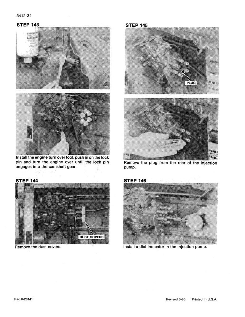 May include: A black and white technical diagram with instructions for engine repair. The image includes steps labeled 143 through 146, with text instructions and close-up views of engine components. The diagram includes the text "PLUG" and "DUST COVERS".