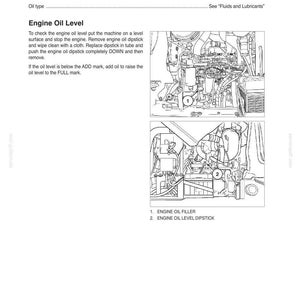 May include: Page from a manual detailing engine service specifications, including oil capacity, oil level check intervals, and oil change intervals. The image includes diagrams of engine components, such as the oil filler and dipstick.
