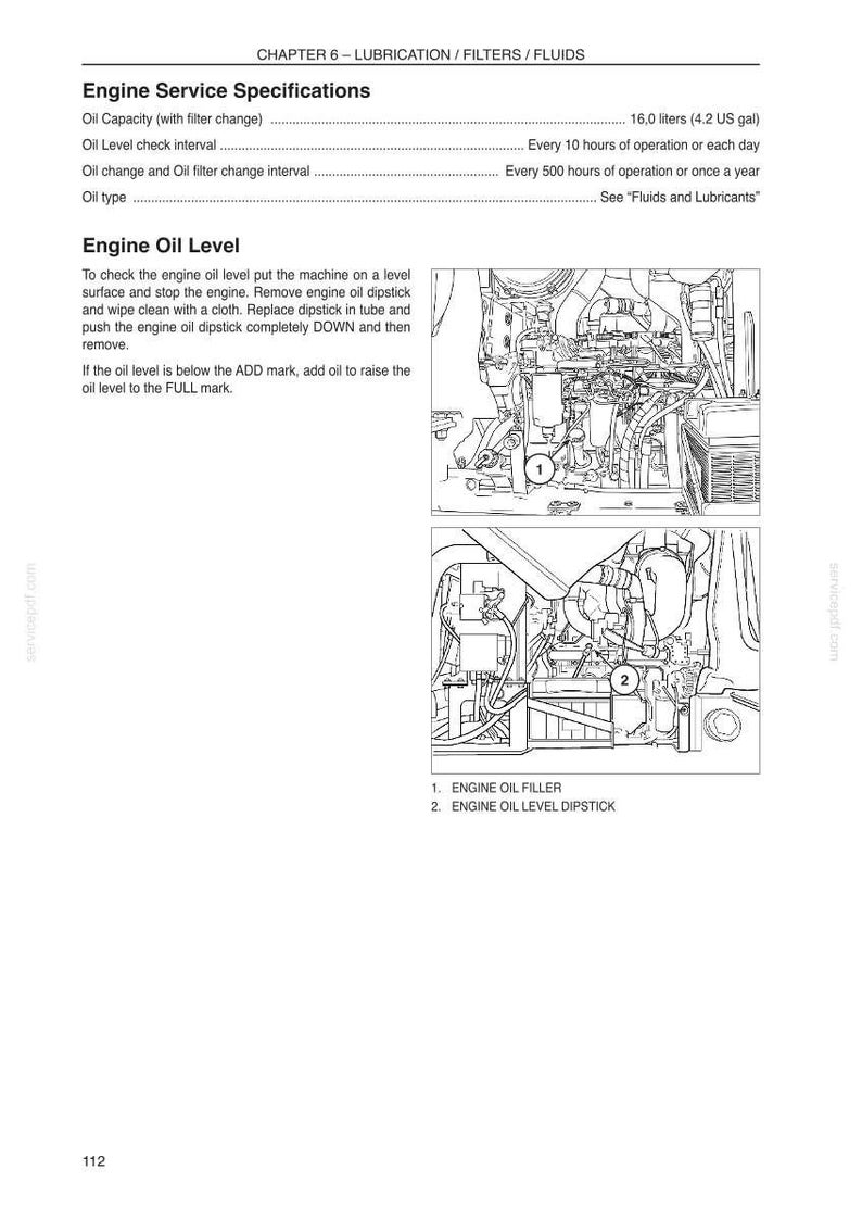 May include: Page from a manual detailing engine service specifications, including oil capacity, oil level check intervals, and oil change intervals. The image includes diagrams of engine components, such as the oil filler and dipstick.