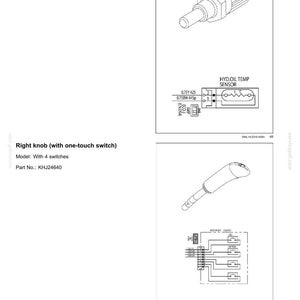 Pu&ograve; includere: Schema di un sensore di temperatura dell'olio idraulico e di una manopola destra con interruttore one-touch. Il sensore &egrave; etichettato "HYD.OIL TEMP SENSOR". La manopola ha 4 interruttori. Codici articolo KHR2433 e KHJ24640.