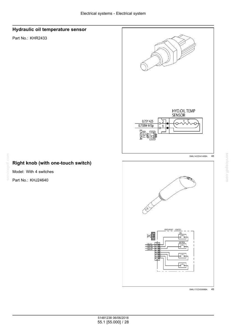 Pu&ograve; includere: Schema di un sensore di temperatura dell'olio idraulico e di una manopola destra con interruttore one-touch. Il sensore &egrave; etichettato "HYD.OIL TEMP SENSOR". La manopola ha 4 interruttori. Codici articolo KHR2433 e KHJ24640.