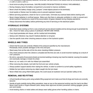 May include: A white page with black text detailing safety instructions for vehicle maintenance. Sections cover electrical, hydraulic systems, wheels, tires, and removal/re-fitting procedures. Includes warnings about flammable gases and potential hazards.