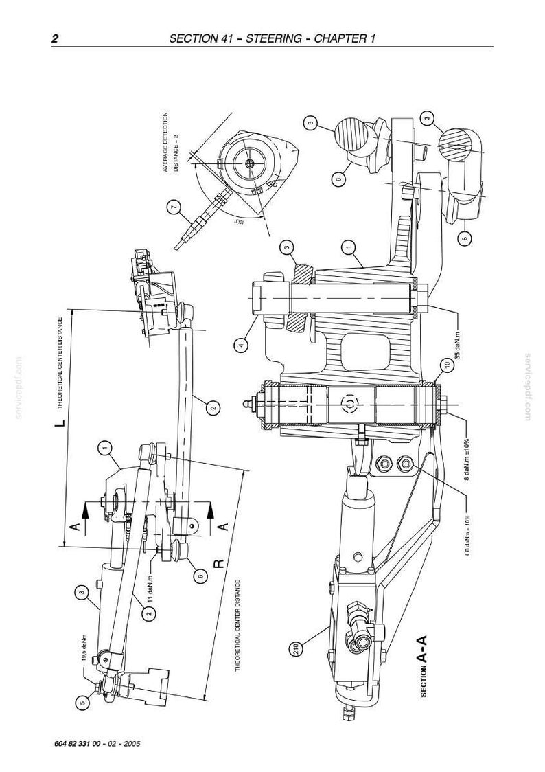 May include: Technical diagram of a steering system, featuring detailed mechanical components and measurements. The diagram includes labeled parts, dimensions, and cross-sectional views, with text indicating section and chapter details.