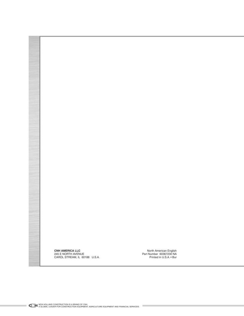 Puede incluir: Una hoja de papel blanca con una franja vertical gris en el lado izquierdo. El texto "CNH AMERICA LLC" y la direcci&oacute;n est&aacute;n impresos en la parte inferior izquierda. El texto "North American English" y el n&uacute;mero de pieza est&aacute;n impresos en la parte inferior derecha.