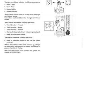 May include: A technical manual page titled 3 - CONTROLS AND INSTRUMENTS showing a diagram of a right control lever for heavy machinery. The illustration details lever movements for boom and bucket operations, with numbered buttons and a slider.
