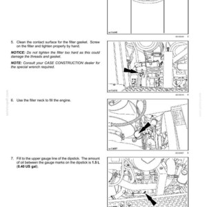 May include: Diagrams illustrating engine maintenance procedures. Includes steps for lubricating the oil filter seal, cleaning the filter gasket, filling the engine with oil, and checking the dipstick. Text includes instructions and warnings.