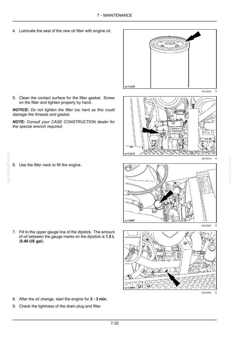 May include: Diagrams illustrating engine maintenance procedures. Includes steps for lubricating the oil filter seal, cleaning the filter gasket, filling the engine with oil, and checking the dipstick. Text includes instructions and warnings.