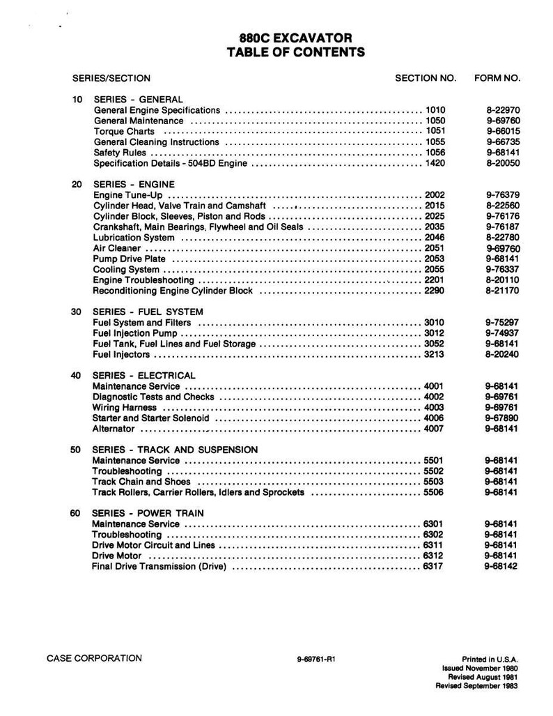 May include: A black and white table of contents for an 880C Excavator manual. The document lists various sections, including engine specifications, fuel systems, electrical components, and power train details. The document is printed in the U.S.A.