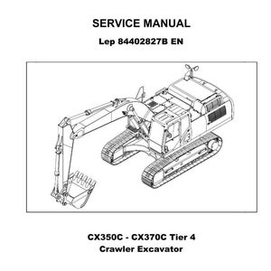 Op de afbeelding: Omslag van een servicehandleiding voor een Case Construction CX350C - CX370C Tier 4 rupsgraafmachine. De omslag toont een gedetailleerde lijntekening van de graafmachine in zwart-wit, met het Case Construction-logo bovenaan. De tekst "SERVICE MANUAL" is prominent aanwezig.