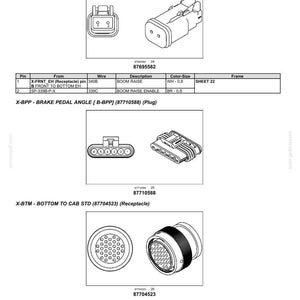 May include: Diagram of electrical connectors and harnesses, including X-BOOM_RAISE, X-BPP, and X-BTM models. The image includes detailed illustrations of the connectors, pin configurations, and wire descriptions, with color-size specifications.