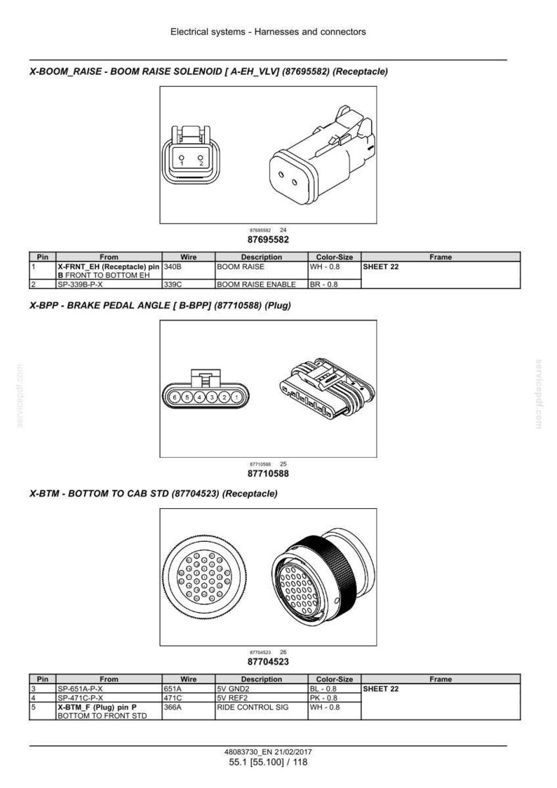 May include: Diagram of electrical connectors and harnesses, including X-BOOM_RAISE, X-BPP, and X-BTM models. The image includes detailed illustrations of the connectors, pin configurations, and wire descriptions, with color-size specifications.