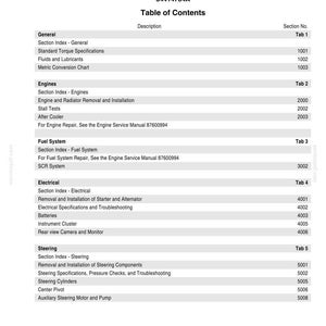 May include: A white page titled W230C Wheel Loader Service Manual 84414734A, featuring a Table of Contents with sections for General, Engines, Fuel System, Electrical, and Steering, listing specific service topics and their corresponding section numbers.