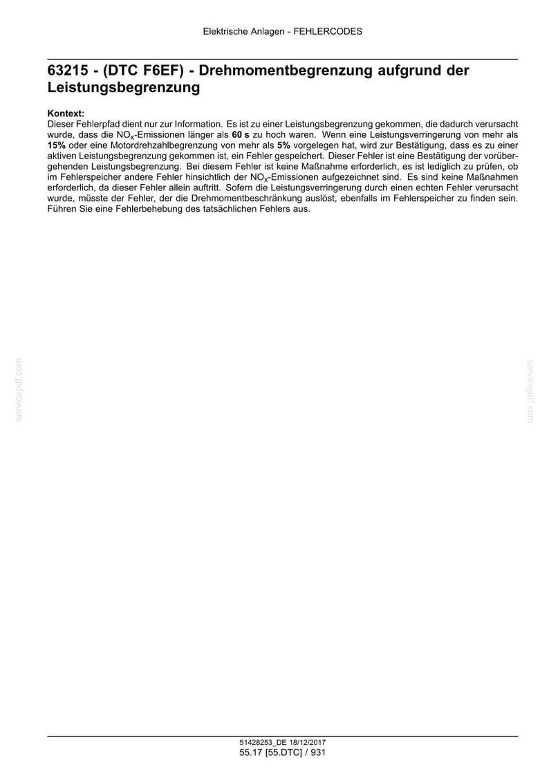 May include: A white document with black text detailing error codes and descriptions related to electrical systems. The document includes the title "Drehmomentbegrenzung aufgrund der Leistungsbegrenzung" and the code "63215 - (DTC F6EF)".