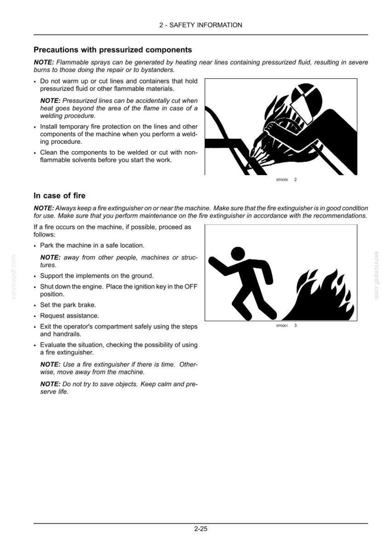 May include: Safety information page with illustrations. Includes precautions for pressurized components and instructions in case of fire. Features a welding illustration and a stick figure running from flames.