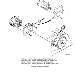 May include: An exploded diagram of mechanical components, including a planetary gear, mounting plates, and a motor. The diagram is labeled with part numbers and descriptions, with the text "Planetary and Motor Installation".