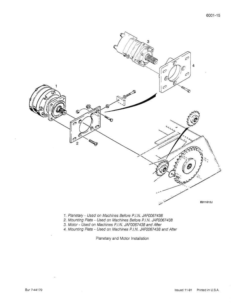 May include: An exploded diagram of mechanical components, including a planetary gear, mounting plates, and a motor. The diagram is labeled with part numbers and descriptions, with the text "Planetary and Motor Installation".