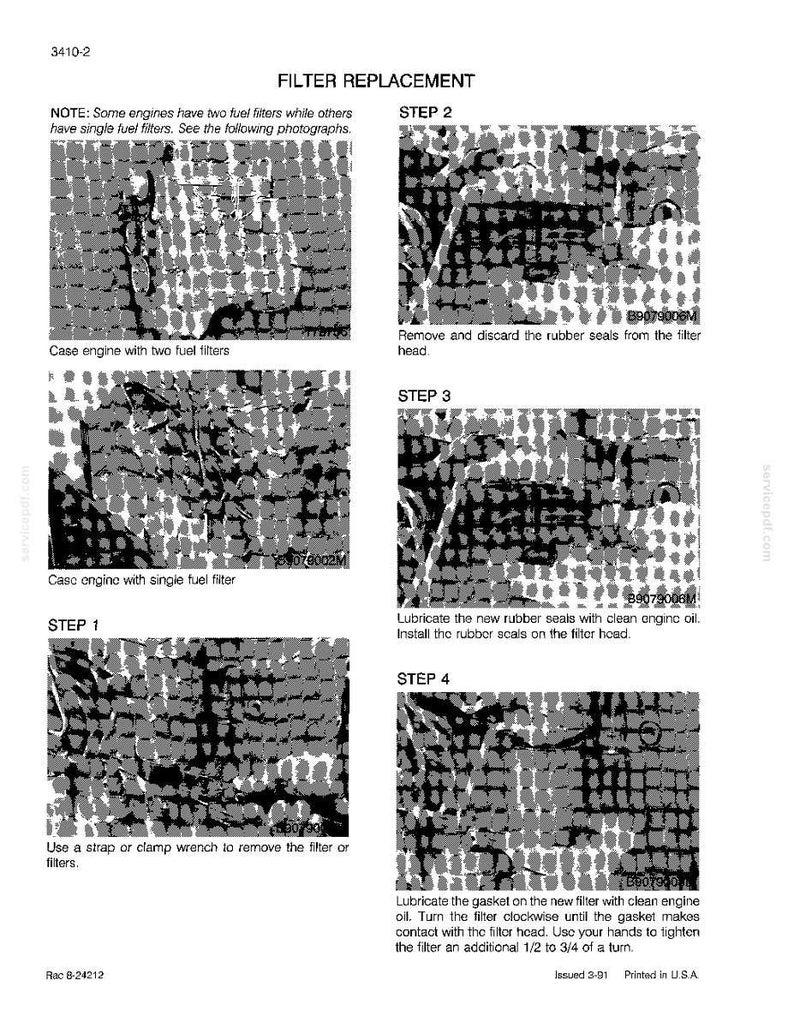 Może przedstawiać: Czarno-biały diagram ilustrujący kroki wymiany filtra w silniku. Kroki obejmują usunięcie starych uszczelek, nasmarowanie nowych i zainstalowanie nowego filtra. Tekst zawiera "FILTER REPLACEMENT".