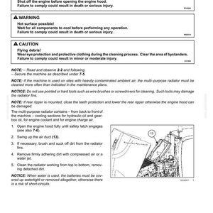Puede incluir: P&aacute;gina de un manual de mantenimiento con instrucciones para limpiar un radiador combinado. El texto incluye advertencias de seguridad e instrucciones. Un diagrama muestra los componentes del radiador.