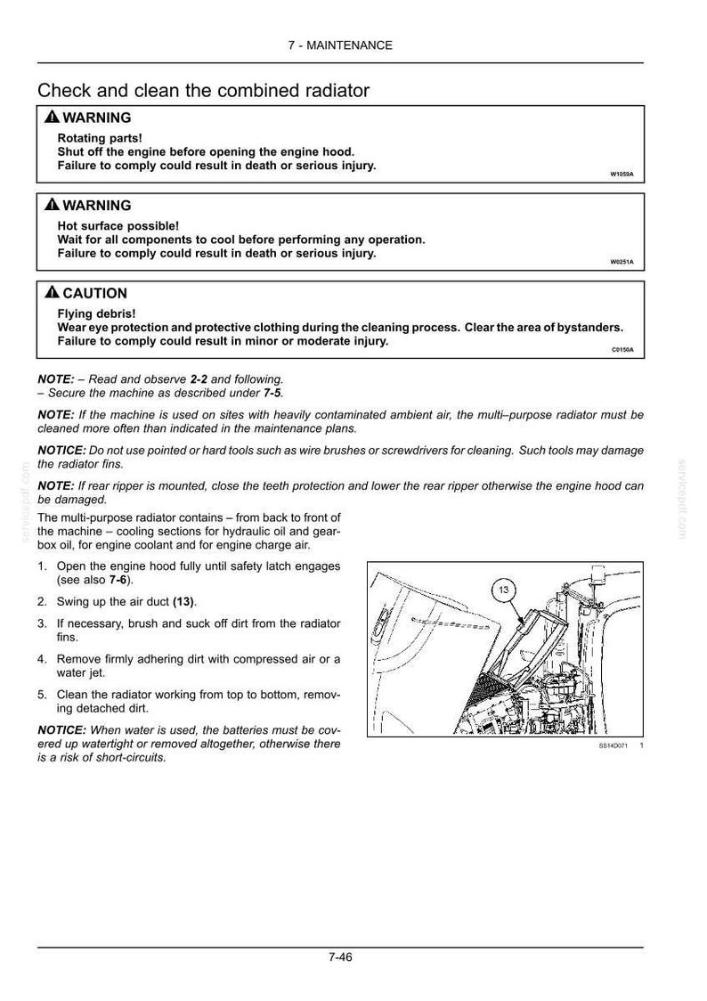 Puede incluir: P&aacute;gina de un manual de mantenimiento con instrucciones para limpiar un radiador combinado. El texto incluye advertencias de seguridad e instrucciones. Un diagrama muestra los componentes del radiador.