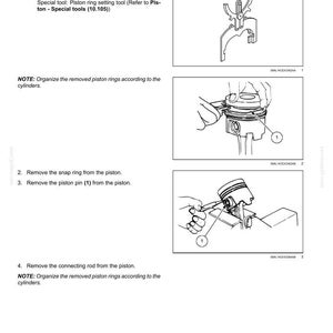 May include: Diagram illustrating the disassembly of an engine piston, with step-by-step instructions and close-up views of the process. Includes special tools and numbered components for clarity. Text includes "Piston - Disassemble".