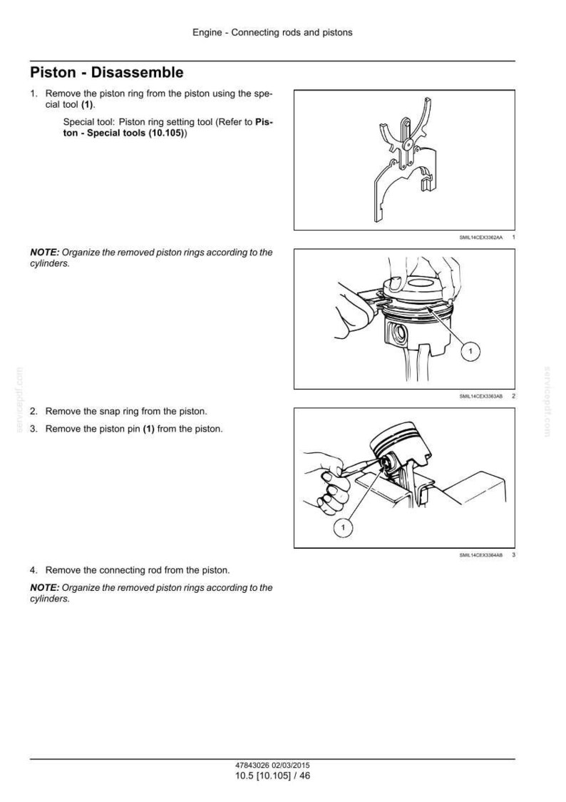 May include: Diagram illustrating the disassembly of an engine piston, with step-by-step instructions and close-up views of the process. Includes special tools and numbered components for clarity. Text includes "Piston - Disassemble".