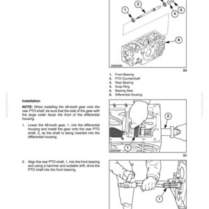 May include: A technical manual page titled SECTION 31 - POWER TAKE-OFF (PTO) SYSTEMS - CHAPTER 1, featuring black and white line drawings of a differential housing, a PTO countershaft, bearings, a snap ring, and a seal, with installation instructions.