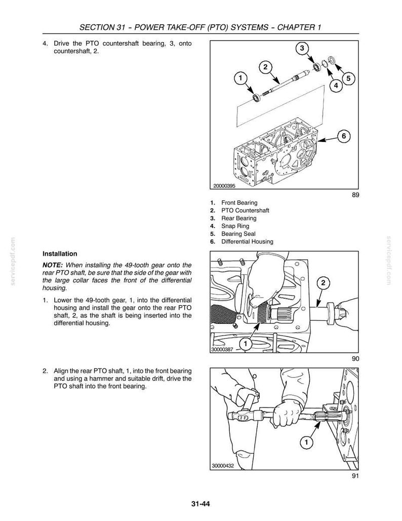 May include: A technical manual page titled SECTION 31 - POWER TAKE-OFF (PTO) SYSTEMS - CHAPTER 1, featuring black and white line drawings of a differential housing, a PTO countershaft, bearings, a snap ring, and a seal, with installation instructions.