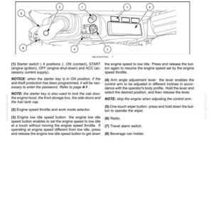 May include: Diagram of right-hand side controls, including starter switch, engine speed throttle, and radio. The image is a detailed illustration with numbered components and corresponding descriptions, typical of a vehicle's manual.
