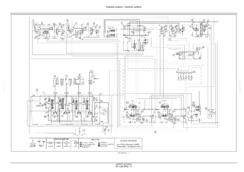 Op de afbeelding: Een gedetailleerd zwart-wit schema van een hydraulisch systeem. Het diagram bevat verschillende symbolen, lijnen en labels die de componenten en verbindingen binnen het systeem illustreren. De titel "Hydraulic systems - Hydraulic systems" staat bovenaan.