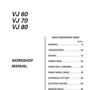 Pu&ograve; includere: Manuale di officina bianco con il logo Case IH in alto. Il manuale include sezioni su motore, trasmissione e unit&agrave; di sollevamento idraulico per i modelli VJ 60, VJ 70 e VJ 80.
