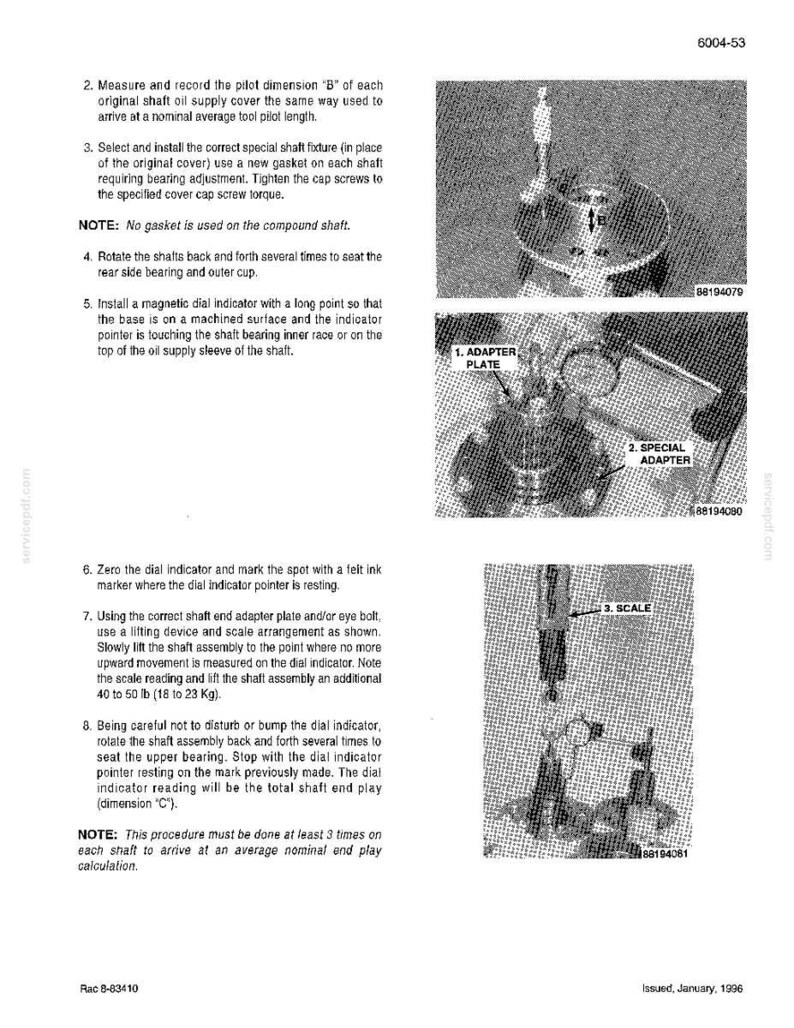 Puede incluir: Diagrama t&eacute;cnico con instrucciones para medir y ajustar un conjunto de eje. La imagen incluye pasos detallados, diagramas y etiquetas como "Adapter Plate" y "Scale". El texto tambi&eacute;n incluye la fecha "Issued, January, 1996".