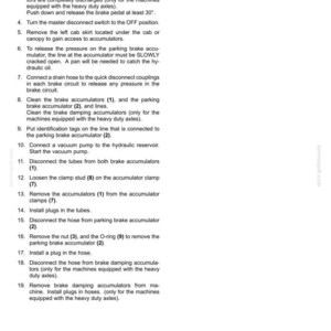 May include: A page from a manual titled "Brakes and controls - Hydraulic service brakes." The text details procedures for servicing brake accumulators, including steps for discharging, removing, and installing components. The document includes numbered instructions.