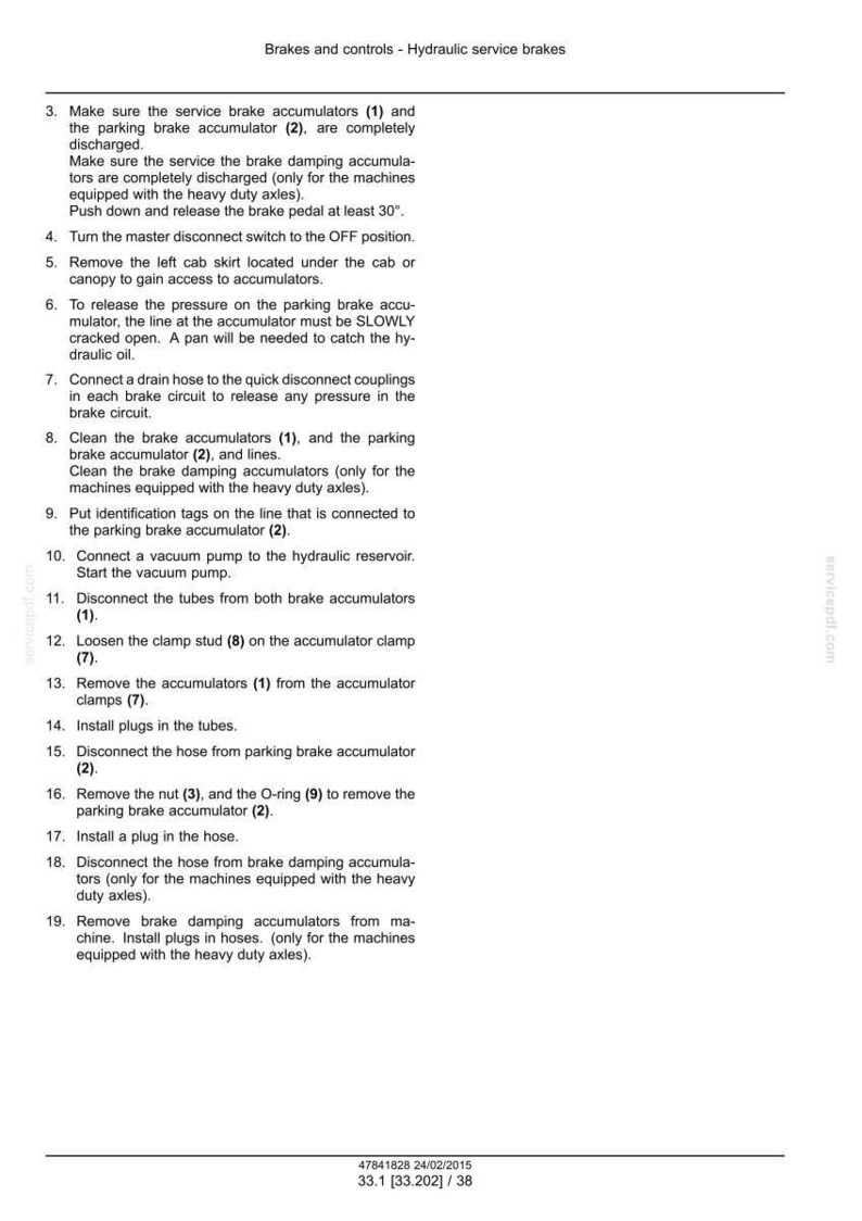 May include: A page from a manual titled "Brakes and controls - Hydraulic service brakes." The text details procedures for servicing brake accumulators, including steps for discharging, removing, and installing components. The document includes numbered instructions.