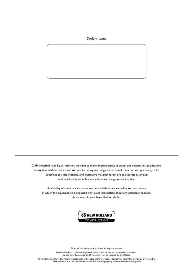 Peut inclure: Une page de document blanche comportant un encadr&eacute; rectangulaire intitul&eacute; Dealer's stamp en haut. La section inf&eacute;rieure contient le logo New Holland Construction et des mentions l&eacute;gales concernant les sp&eacute;cifications, le copyright et les marques.